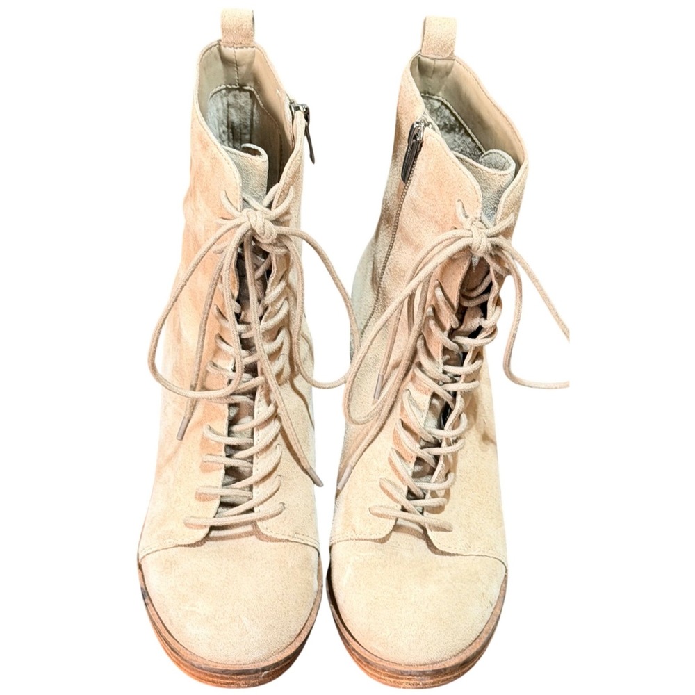 Vince Camuto Ankle Boots Womens 8M Tan Suede Lace Up Block Heel Side Zip Boho